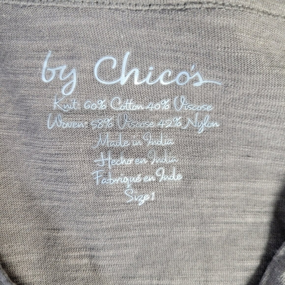 Chicos Brown Henley T 3/4 Sleeve Crushed Velour Chest + Sequin Shoulders Size 1 - Picture 8 of 13